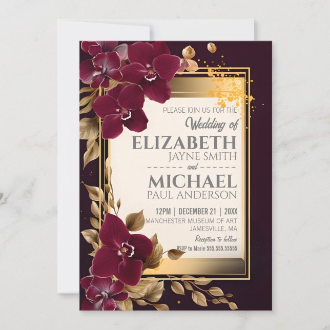 Elegante Burgundy Wedding Orchid Blooms Gold Blätt Einladung (Vorderseite)