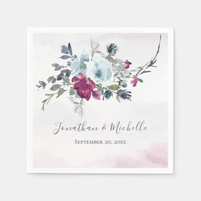 Elegante Burgundy White and Blue Rose Hochzeit Serviette (Vorderseite)