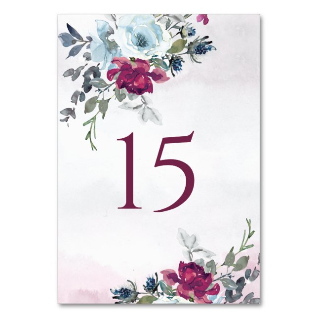 Elegante Burgundy White and Blue Rose Hochzeit Tischnummer (Vorderseite)