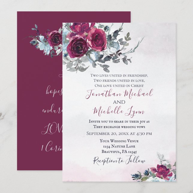 Elegante Burgundy White Roses Christlich Wedding Einladung (Vorne/Hinten)