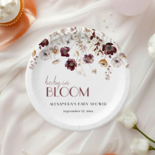 Elegante Burgundy Wildblumen Girl Baby Shower Pappteller