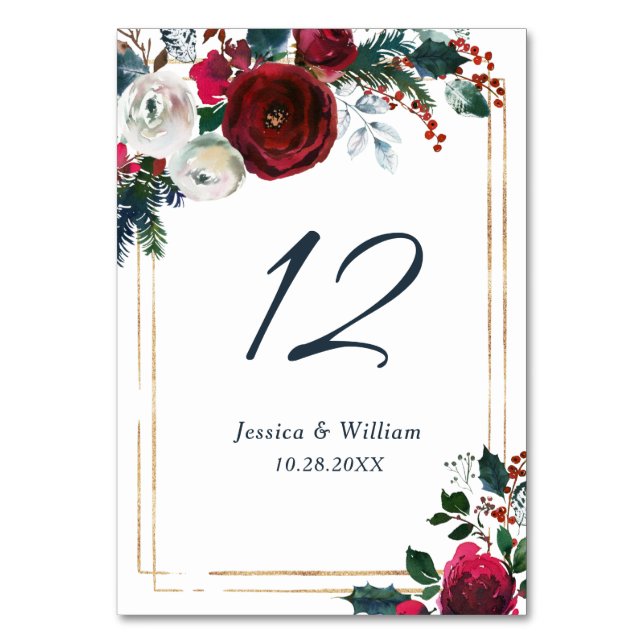 Elegante Burgundy Winter Rose Blumenhochzeit Tischnummer (Vorderseite)