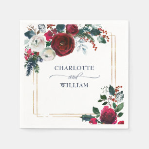 Elegante Burgundy Winter Rose Foliage Wedding Serviette