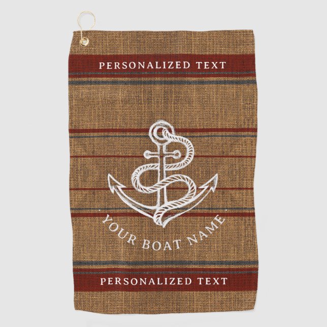 Elegante Burlap Anchor Nautical Boat Name Custom Golfhandtuch (Vorderseite)