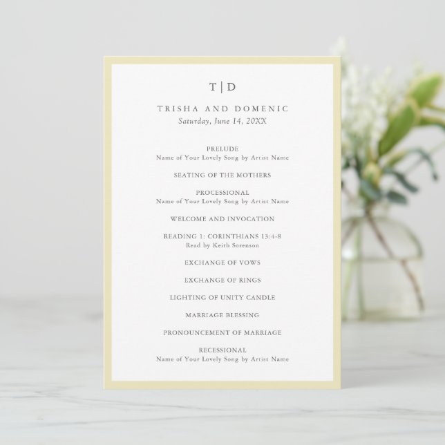 Elegante Butter Yellow Monogram Moderne Hochzeit Programm (Stehend Vorderseite)