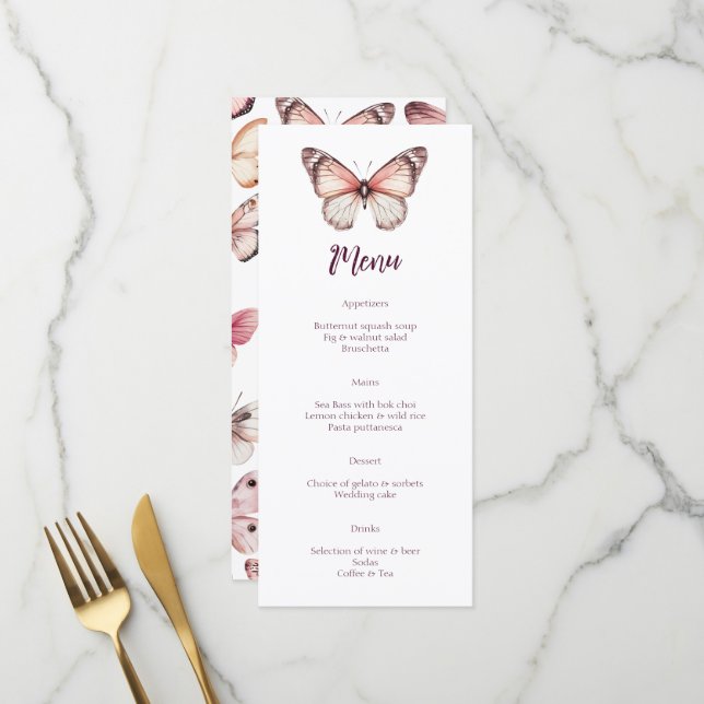 Elegante Butterflies Hochzeit CUSTOM-Party Menükarte (Vorderseite/Rückseite Beispiel)