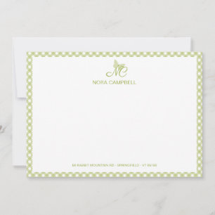 Elegante Butterfly Monogram Green Gingham Note Car Mitteilungskarte