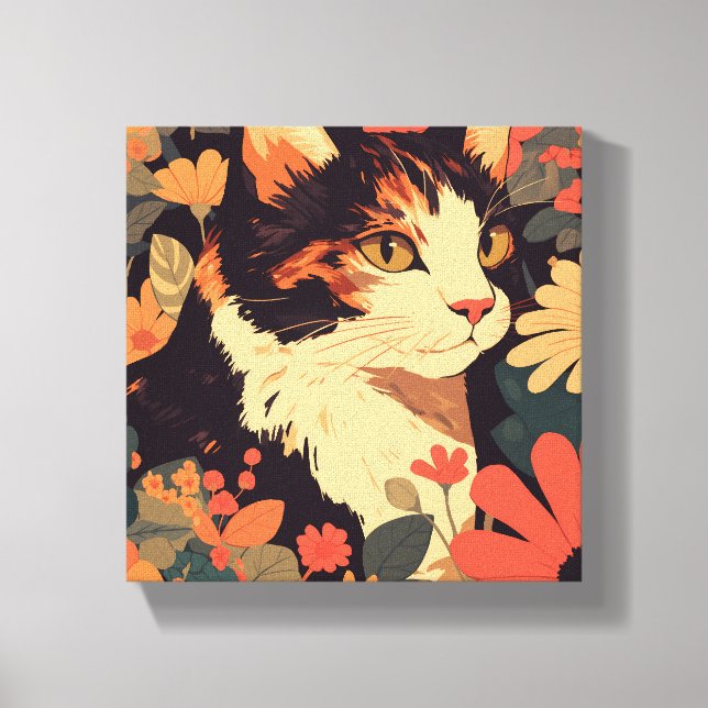 Elegante Calico Katze im Blumengarten Canvas Print Leinwanddruck (Vorderseite)