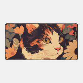 Elegante Calico Katze im Blumengarten Desk Mat Schreibtischunterlage