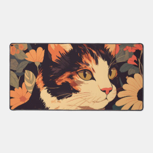 Elegante Calico Katze im Blumengarten Desk Mat Schreibtischunterlage