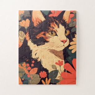 Elegante Calico Katze im Blumengarten Jigsaw Puzzl