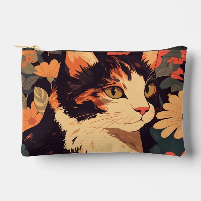 Elegante Calico Katze im Blumengarten Klein Zubehörtasche (Vorderseite)