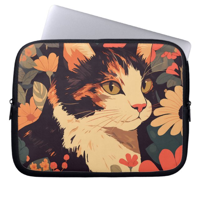 Elegante Calico Katze im Blumengarten Laptopschutzhülle (Vorderseite)