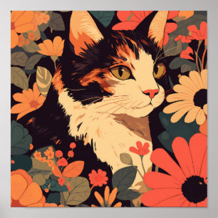 Elegante Calico Katze im Blumengarten Matte Poster