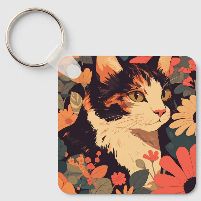 Elegante Calico Katze im Blumengarten Schlüsselanh Schlüsselanhänger (Vorderseite)