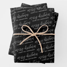 Elegante Calligrafie Frohe Weihnachtsfamilie Black Geschenkpapier Set