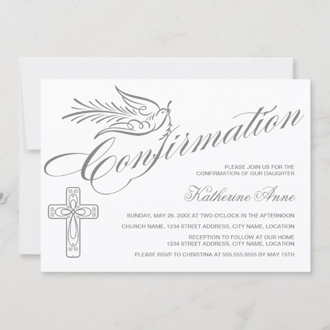 Elegante Calligrafy Cross and Dove Bestätigung Einladung (Vorderseite)