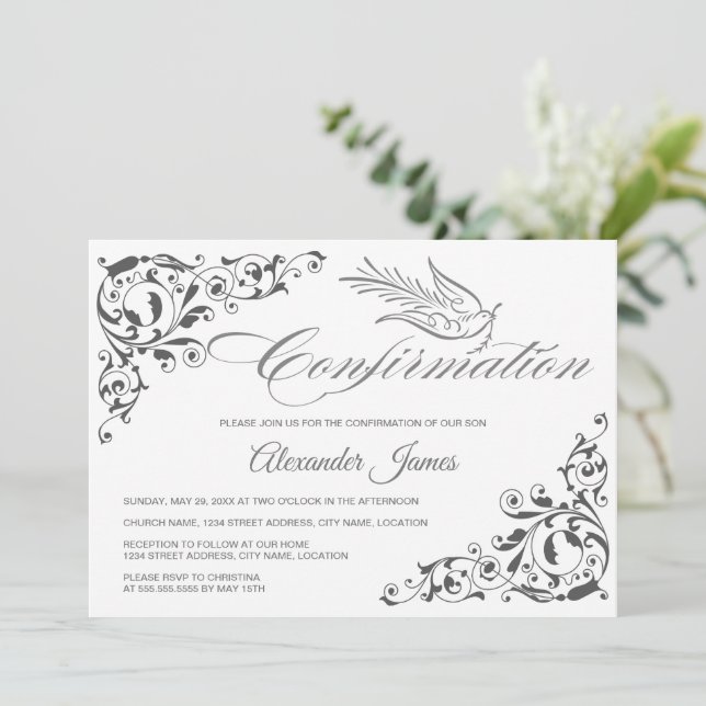 Elegante Calligrafy Cross and Dove Bestätigung Einladung (Stehend Vorderseite)