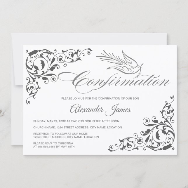 Elegante Calligrafy Cross and Dove Bestätigung Einladung (Vorderseite)