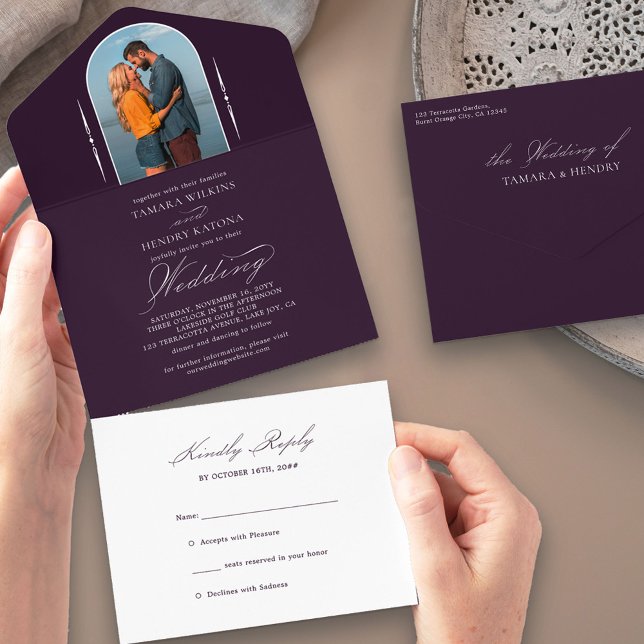 Elegante Calligrafy Lila Foto UAWG Wedding All In One Einladung (Von Creator hochgeladen)