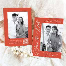 Elegante Calligrafy Orange Foto QR Code Hochzeit Save The Date
