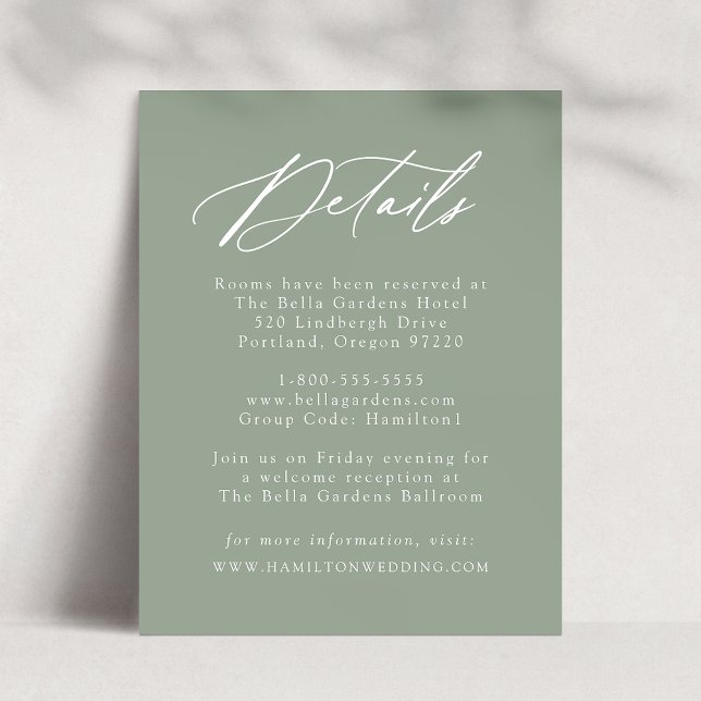 Elegante Calligrafy Sage Green Wedding Details Begleitkarte (Von Creator hochgeladen)