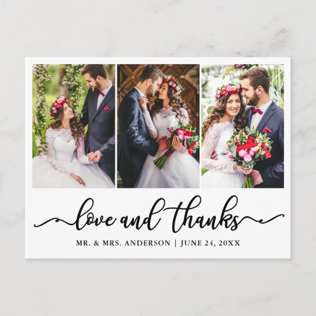 Elegante Calligrafy Wedding Danke 3 Foto Postkarte (Vorderseite)
