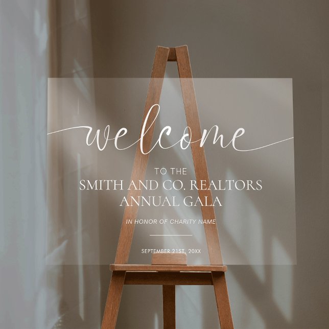 Élégante calligraphie Accueil transparent de l'ent (Elegant business event transparent acrylic welcome sign *image is a mockup; easel is not included)