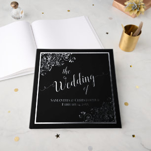 Elegante Calligraphie Black & Silver Foil Wedding Gästebuch