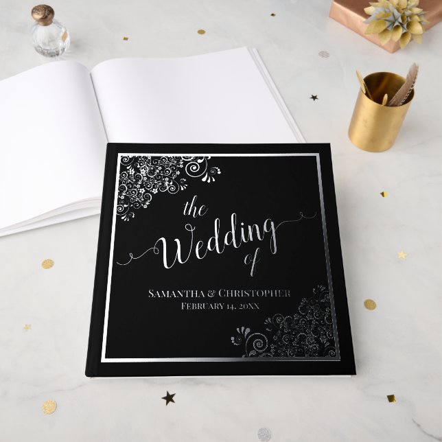 Elegante Calligraphie Black & Silver Foil Wedding Gästebuch (Vorderseite Offen)