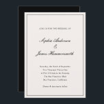 Elegante Calligraphie Cream White Black Wedding Einladung<br><div class="desc">Elegante,  formale und klassische Hochzeitseinladung mit Kalligraphie-Schrift-Typografie für die Namen des Paares,  cremeweißer Hintergrund,  ein eleganter Rahmen auf der Vorderseite und ein schwarzer Backer. Passen Sie es mit Ihren eigenen Hochzeitsinformationen an.</div>