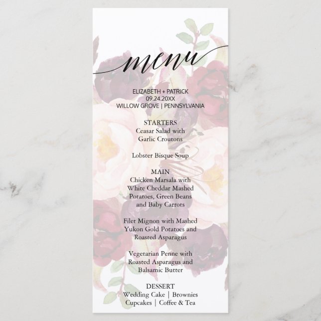 Elégante calligraphie Faded Floral Diner Carte Men (Devant)