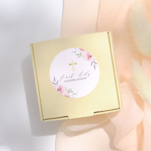 Elegante Calligraphie Floral First Holy Communion Runder Aufkleber