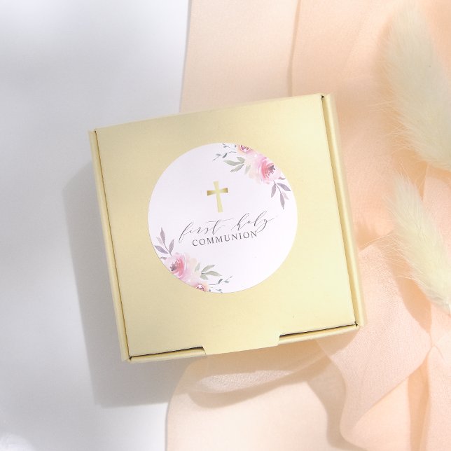 Elegante Calligraphie Floral First Holy Communion Runder Aufkleber (Von Creator hochgeladen)