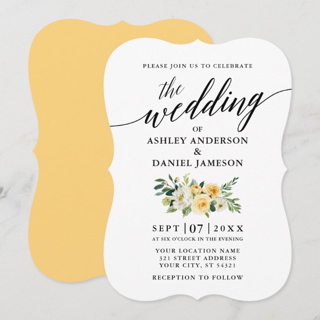 Elegante Calligraphie Gelbe Blumenhochzeit Einladung (Vorne/Hinten)
