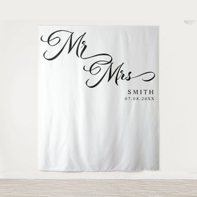 Elegante Calligraphie Mr. & Mrs. Wedding Backdrop Wandteppich (Vorderseite)