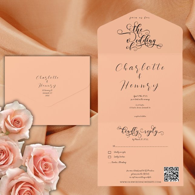Elegante Calligraphie Peach QR Code Hochzeit All In One Einladung (Von Creator hochgeladen)