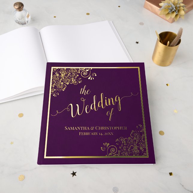 Elegante Calligraphie Pum Lila Goldfilm Hochzeit Gästebuch (Vorderseite Offen)