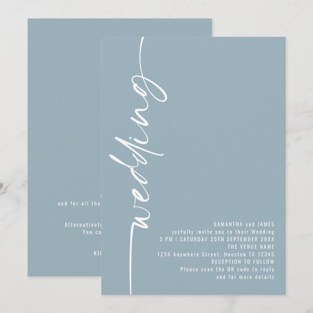 Elegante Calligraphie QR Code Dusty Blue Wedding Einladung (Vorne/Hinten)