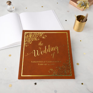 Elegante Calligraphie Rust Orange Gold Foil Hochze Gästebuch