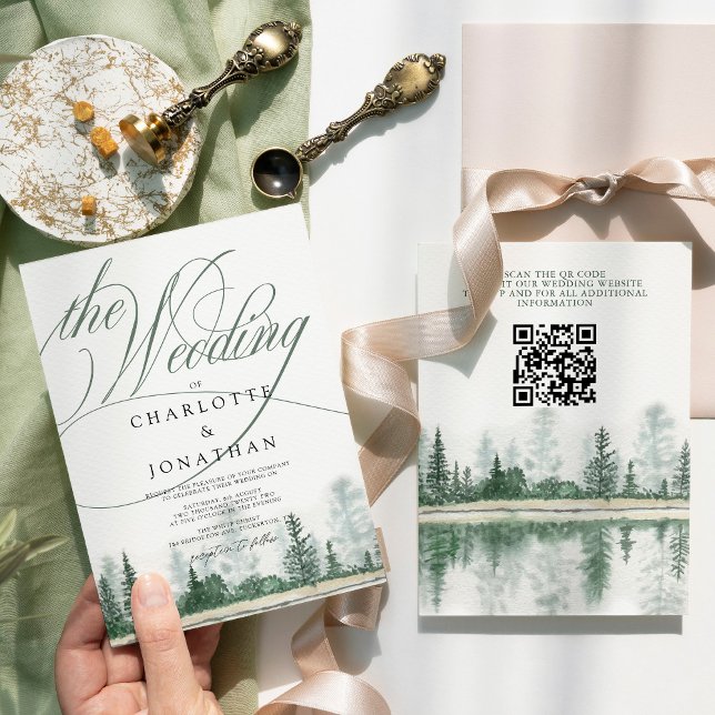 Elegante Calligraphie Rustikaler Wald QR Code Hoch Einladung (Von Creator hochgeladen)