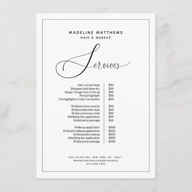 Elegante Calligraphie Schwarz-weiß Salon Preislist Menükarte (Vorderseite)