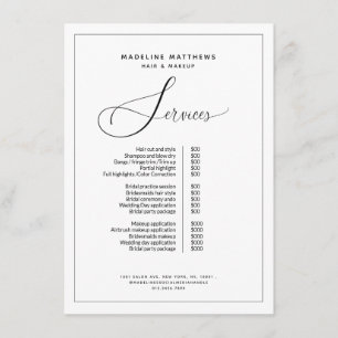 Elegante Calligraphie Schwarz-weiß Salon Preislist Menükarte