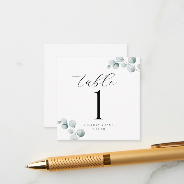 Elegante Calligraphie Script Eucalyptus-Tischnumme Begleitkarte (Vorderseite/Rückseite Beispiel)