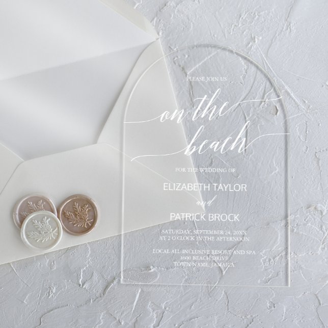 Elegante Calligraphy Arch White Boho Beach Wedding Acryleinladungen (Elegant Calligraphy Arch White Boho Beach Wedding Acrylic Invitations)