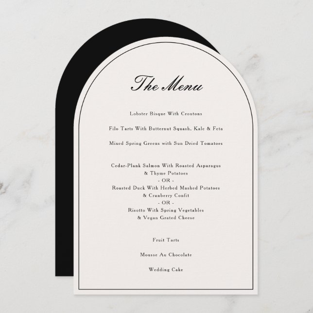 Elegante Calligraphy Black Wedding Dinner Menu Car Einladung (Vorne/Hinten)