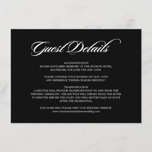 Elegante Calligraphy Black Wedding Guest Details Begleitkarte (Vorderseite)
