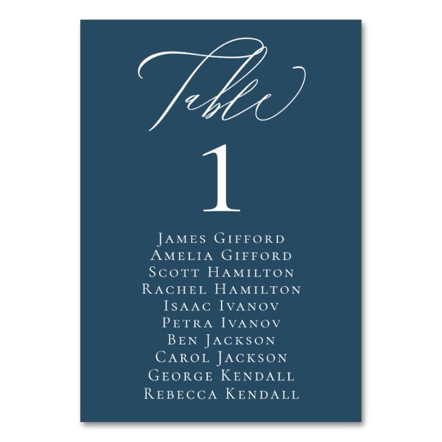Elegante Calligraphy Blue Seating Tischnummer Card (Vorderseite)