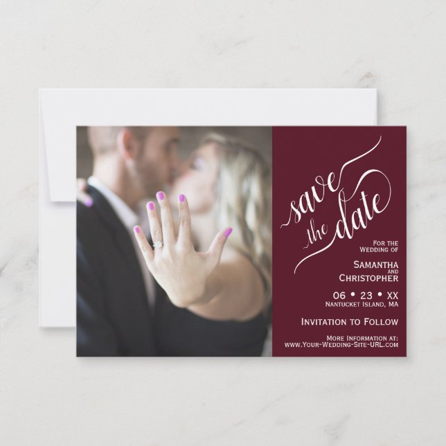 Elegante Calligraphy Burgundy 2 Pane Foto Wedding Save The Date (Vorderseite)