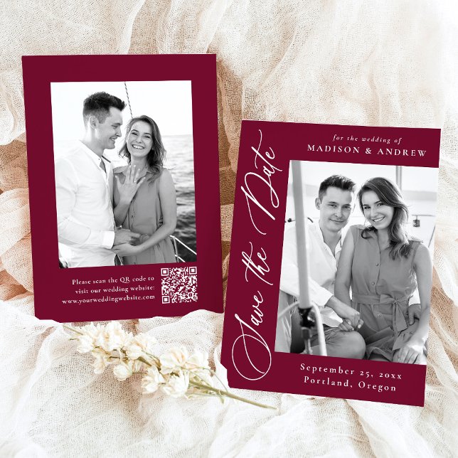 Elegante Calligraphy Burgundy Foto QR Code Wedding Save The Date (Von Creator hochgeladen)